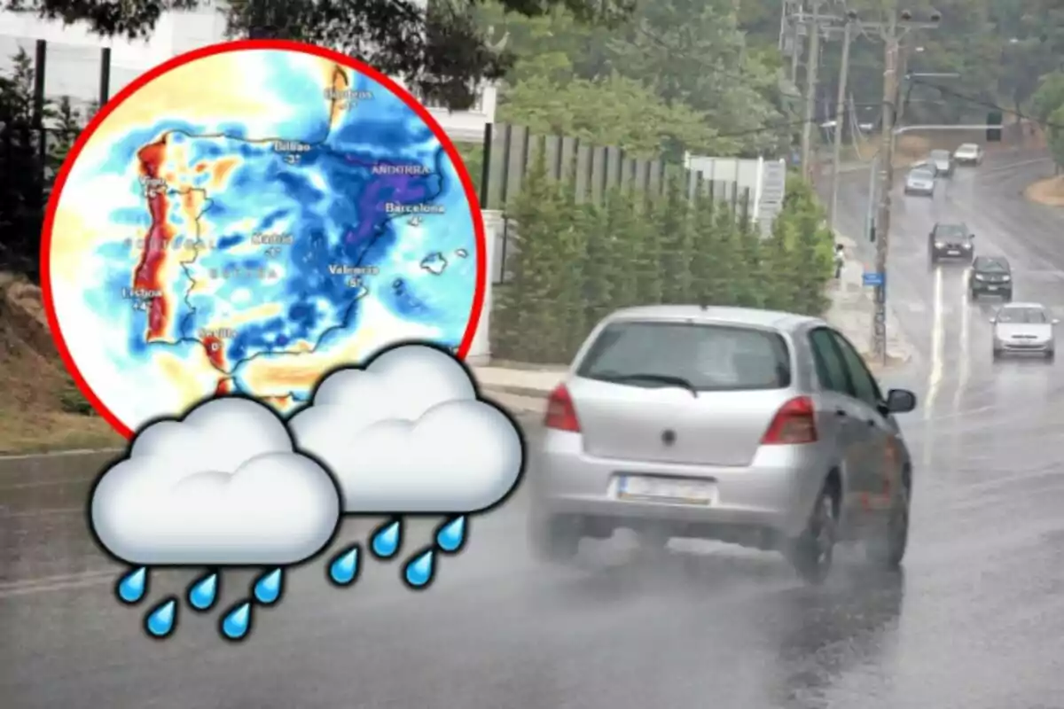 Un coche circula por una carretera mojada mientras se muestra un mapa meteorológico con nubes y gotas de lluvia indicando precipitaciones.