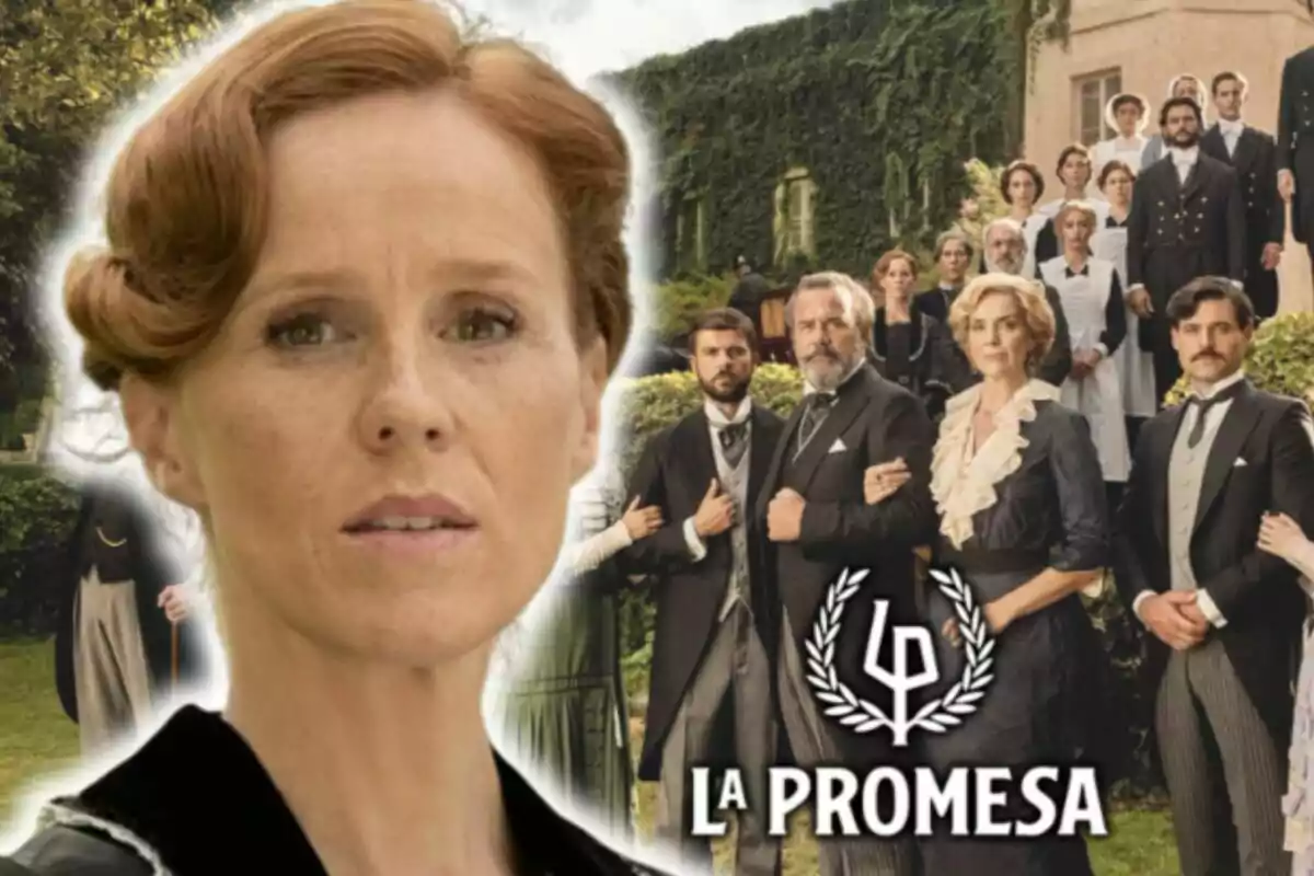 Imagen promocional de la serie "La Promesa" que muestra a la actriz María Castro en primer plano y a un grupo de personas en el fondo, todos vestidos con ropa de época.