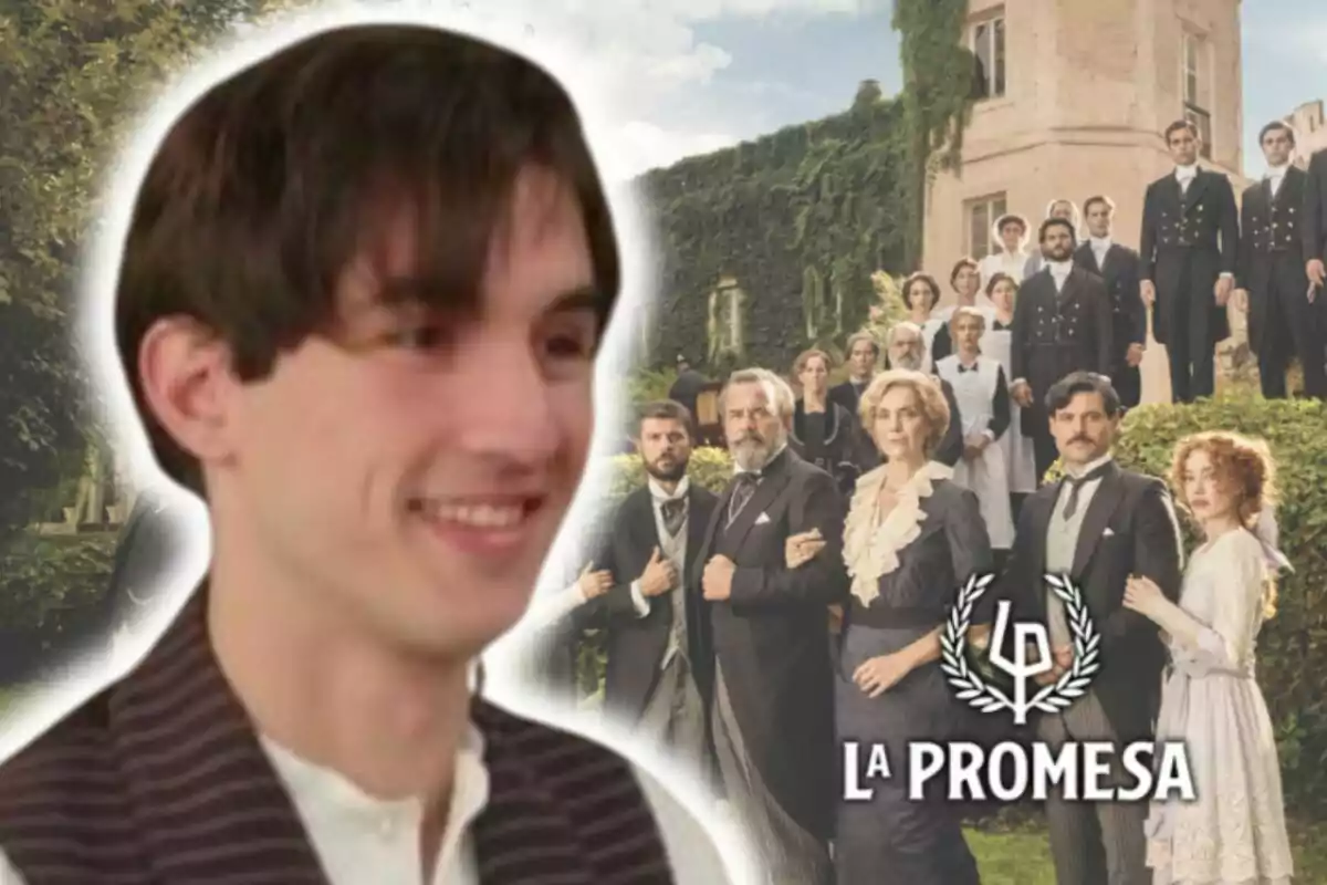 Imagen promocional de la serie "La Promesa" con un primer plano de Mario García sonriente y el elenco principal en el fondo frente a una mansión.