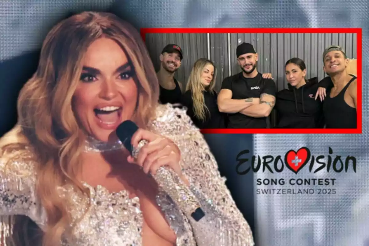 Imagen de Melody con un vestido brillante sosteniendo un micrófono, al fondo un recuadro con cinco bailarines posando y el logo de Eurovision Song Contest Switzerland 2025.