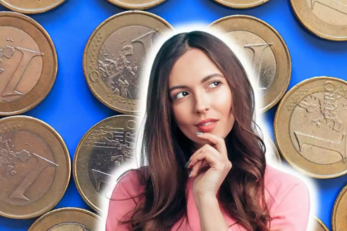 Mujer pensativa con fondo de monedas de euro.