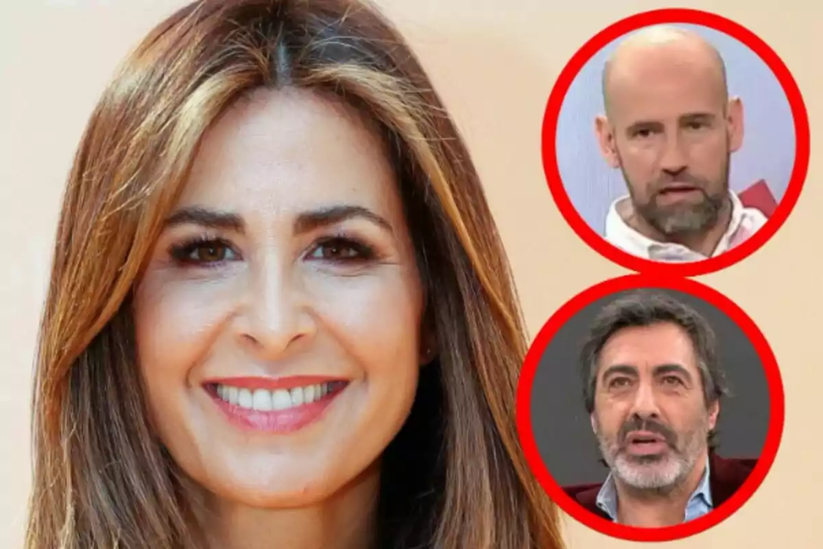 Montaje de fotos de Nuria Roca sonriente en primer plano con dos hombres en círculos rojos -que son Gonzalo Miró y Juan del Val- en la esquina superior derecha.