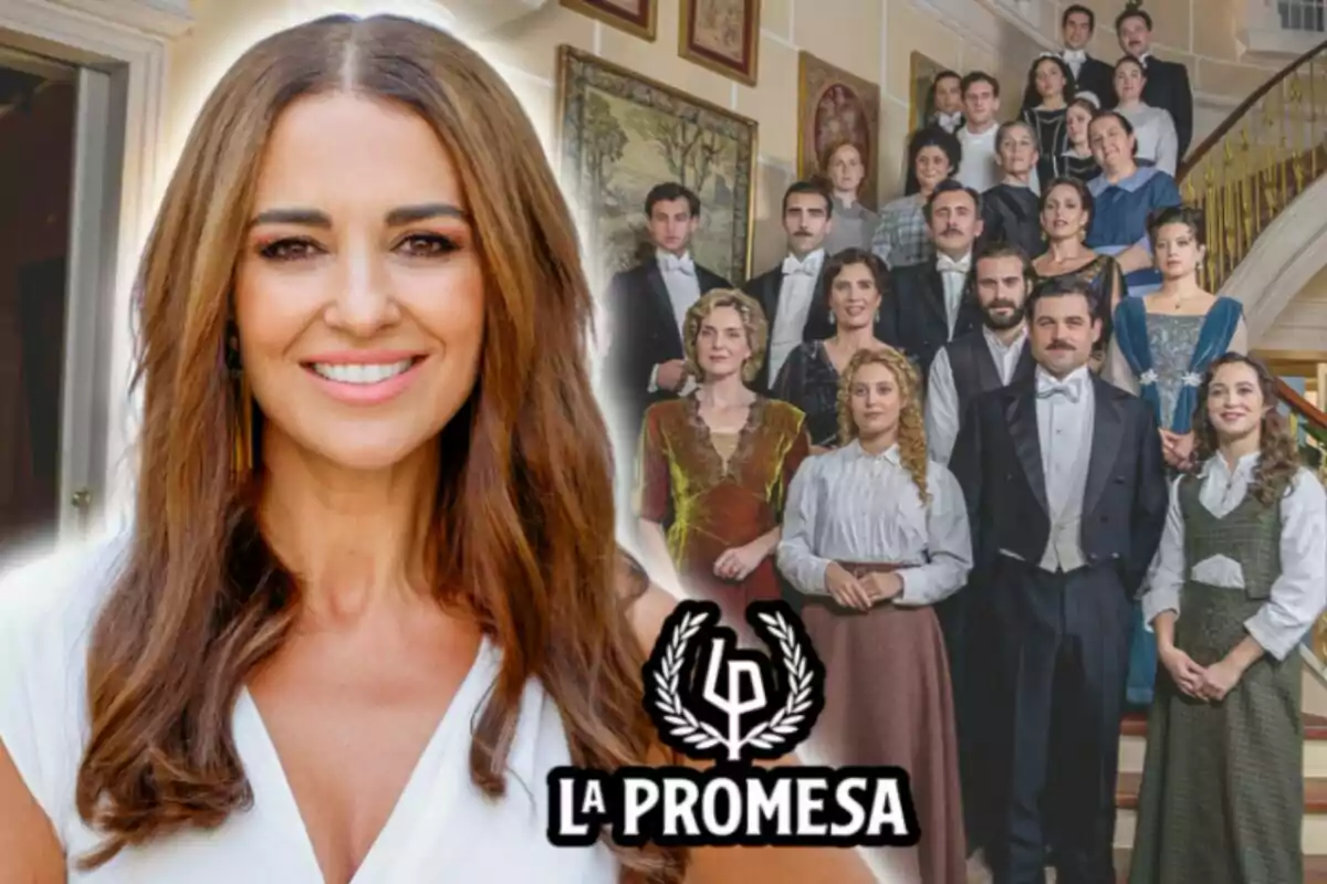 Montaje de fotos de primer plano de Paula Echevarría sonriente y, de fondo, un plano general del elenco de la serie 'La Promesa' de RTVE