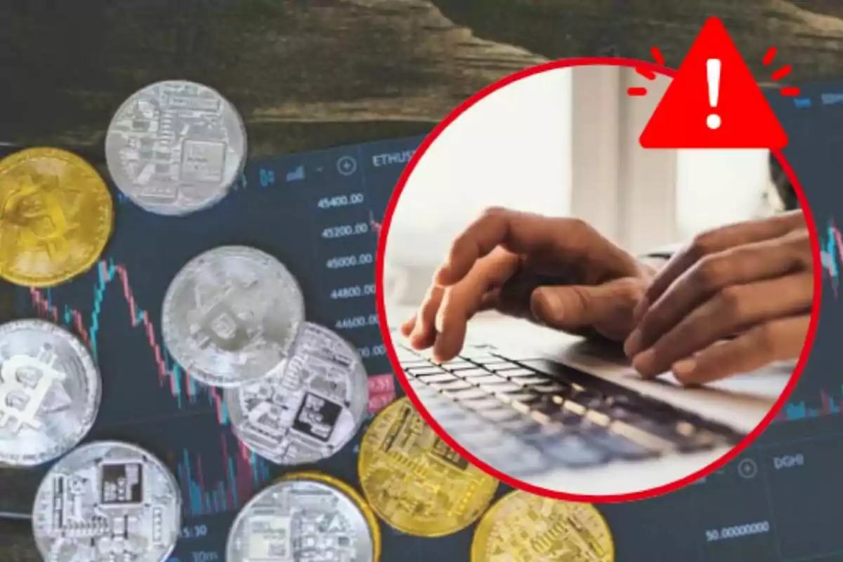 Cryptocurrency coins on a financial chart with a danger warning and hands typing on a computer keyboard.