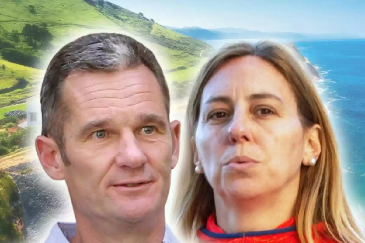 Montaje de fotos de primer plano de Ainhoa Armentia e Iñaki Urdangarin con rostros neutros y un plano general del País Vasco de fondo.