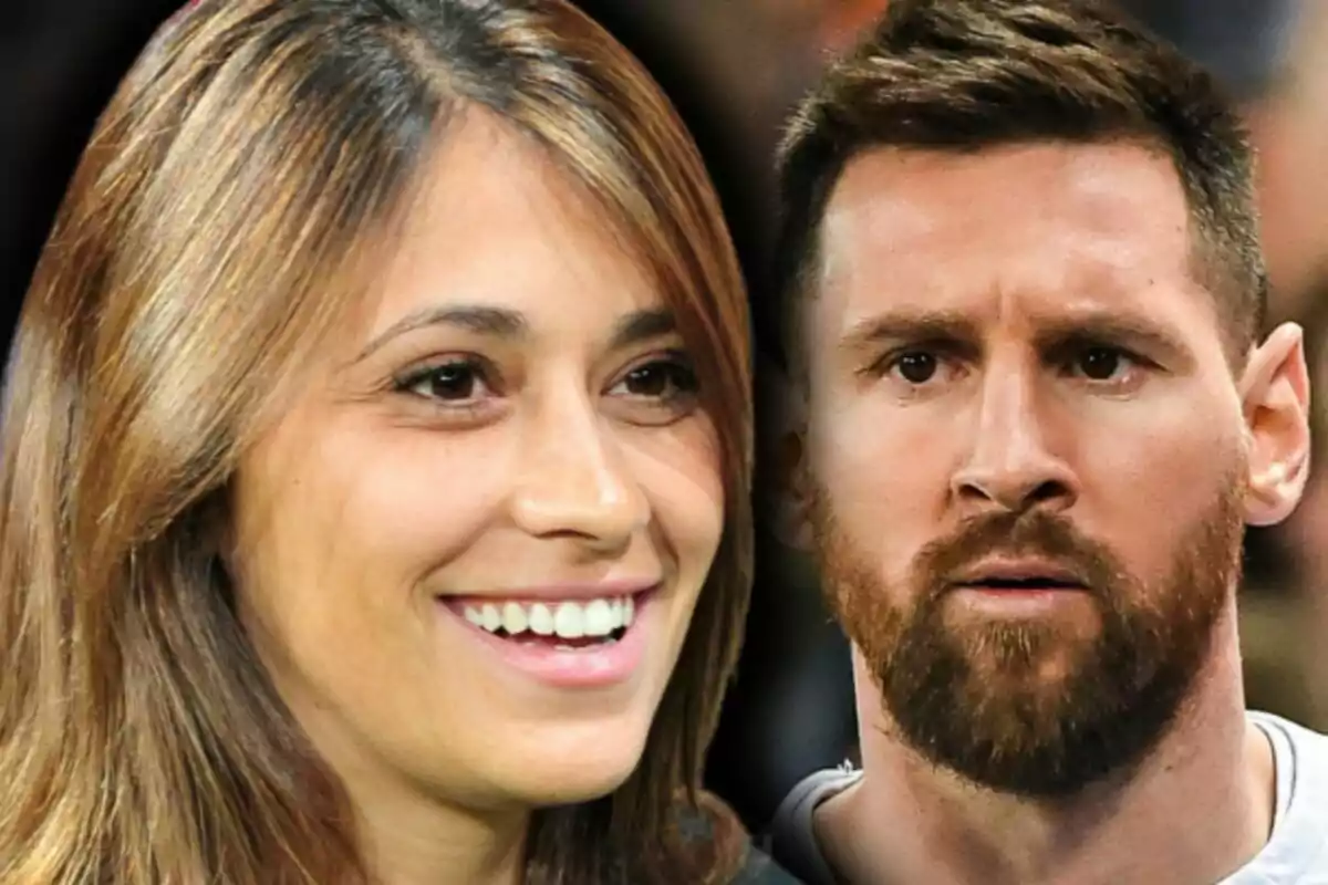 Montaje de fotos de primer plano de Leo Messi con rostro serio y Antonella Roccuzzo con rostro sonriente.