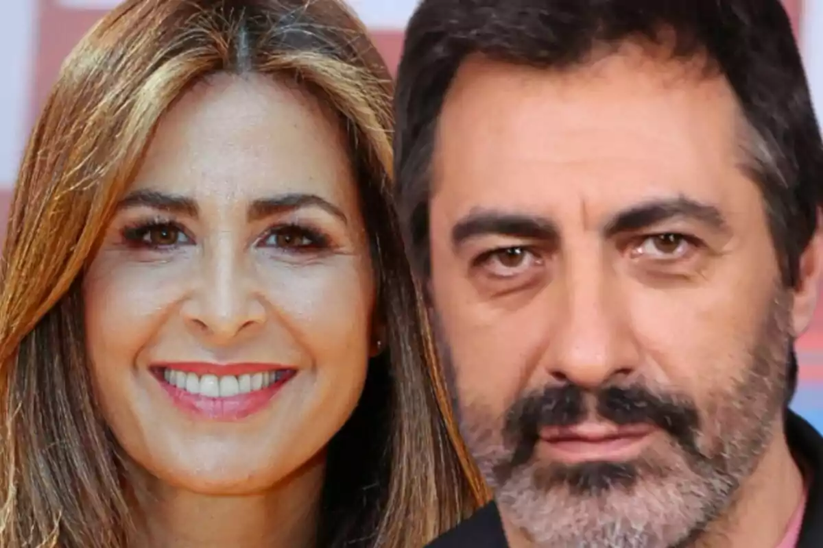 Montaje de fotos de primer plano de Nuria Roca sonriente y Juan del Val con rostro serio.