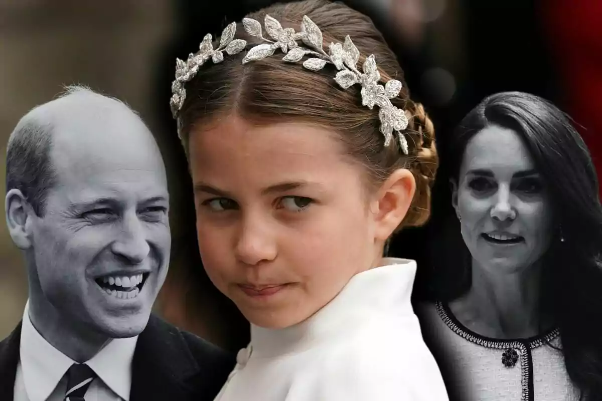 Close-up photo montage of Princess Charlotte and, next to her, images of Kate Middleton and Prince William.