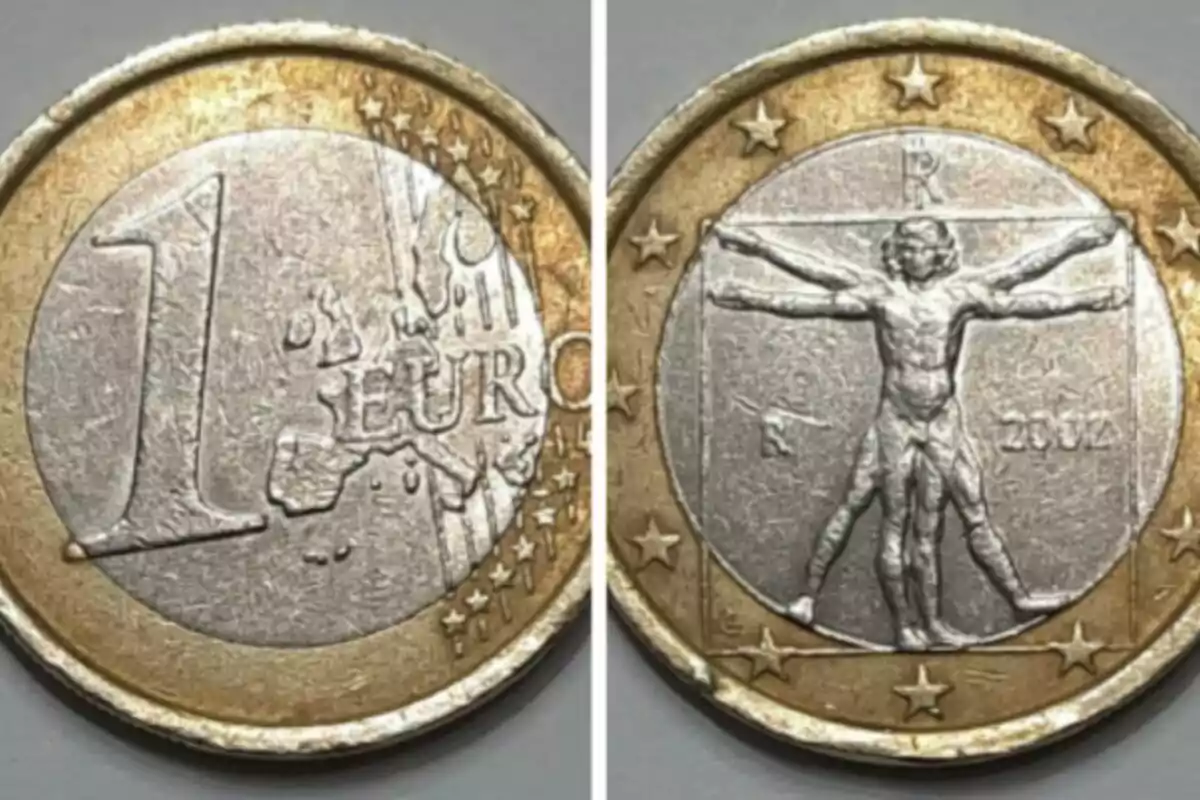 Moneda de un euro con el diseño del Hombre de Vitruvio en una de sus caras. Moneda de un euro con el diseño del Hombre de Vitruvio en una de sus caras.