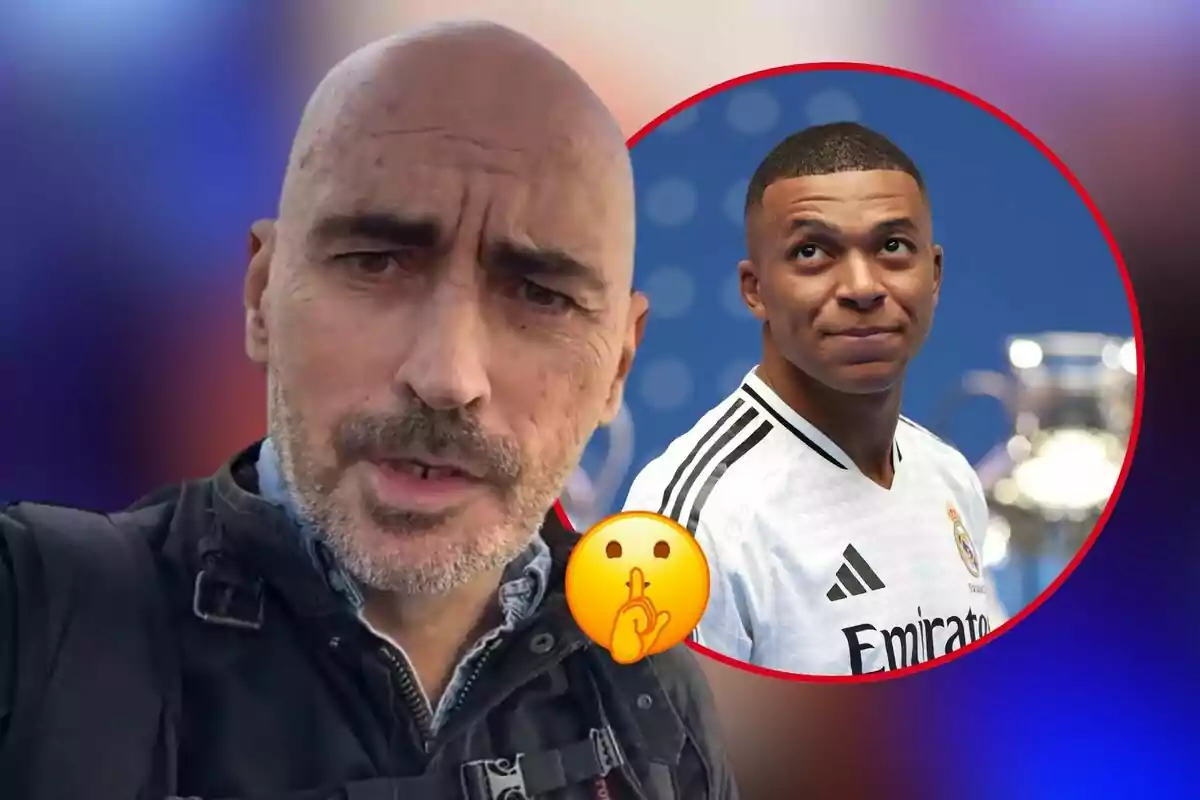 Montaje de fotos de Diego Arrabal en primer plano mirando a cámara junto a una imagen circular del jugador Kylian Mbappé con la camiseta del Real Madrid y un emoji.