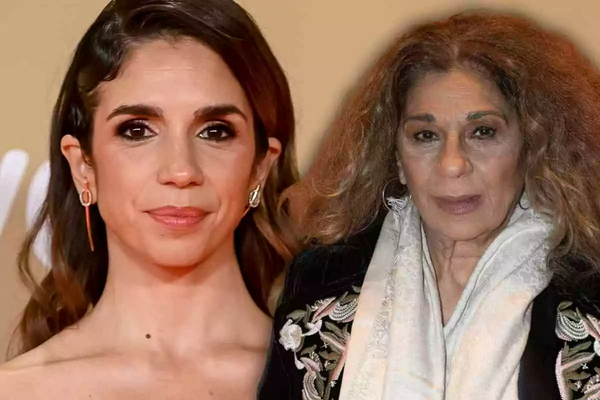 Elena Furiase and his mother Lolita Flores pose together at an event, Elena with brown hair and Lolita with curly gray hair, both looking elegant.