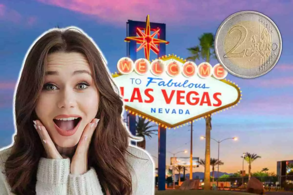 A surprised woman in front of the Las Vegas welcome sign with a two euro coin floating in the upper right corner.