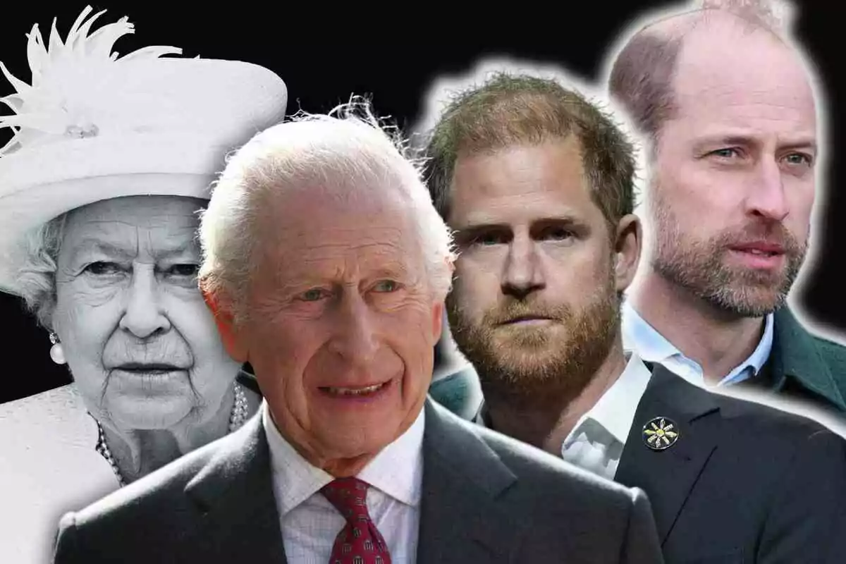 El rey Carlos III y los príncipes Harry y Guillermo posando juntos, con la reina Isabel II en blanco y negro al fondo. El rey Carlos III y los príncipes Harry y Guillermo posando juntos, con la reina Isabel II en blanco y negro al fondo.