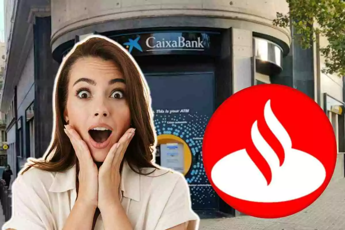 Una mujer con expresión de sorpresa frente a un cajero automático de CaixaBank y el logotipo de Santander.