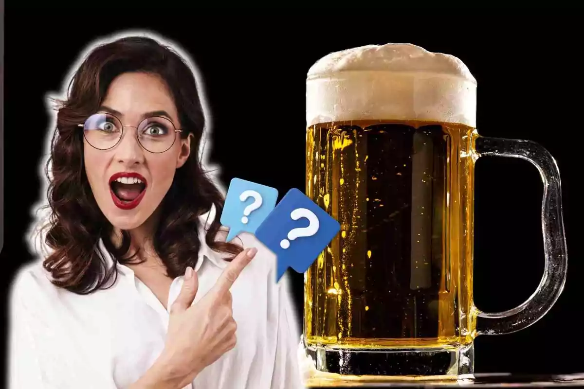 Una mujer sorprendida con gafas y labios rojos señala hacia una gran jarra de cerveza espumosa con dos iconos de signos de interrogación.