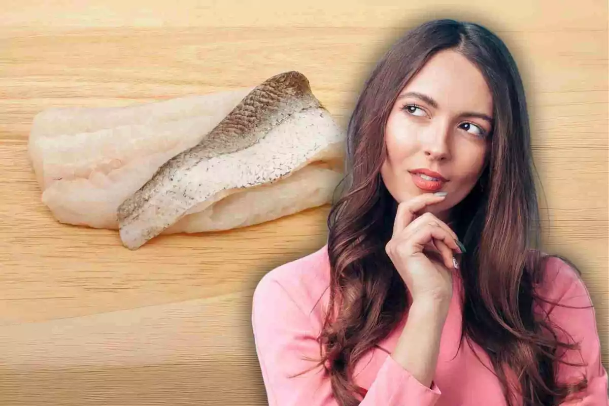 Una mujer pensativa con cabello largo y suelto, vestida con una blusa rosa, está al lado de un filete de pescado sobre una tabla de madera.
