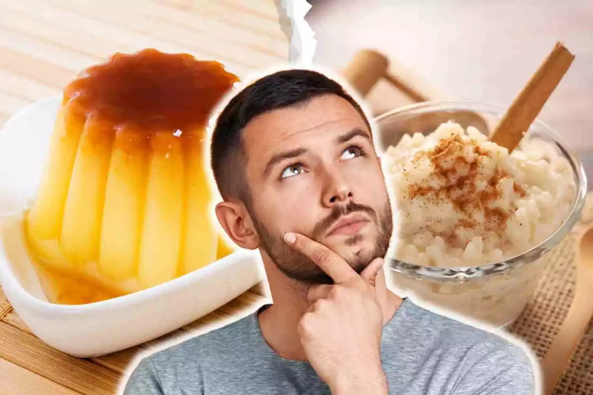 Un hombre pensativo entre un flan de caramelo y un arroz con leche espolvoreado con canela.
