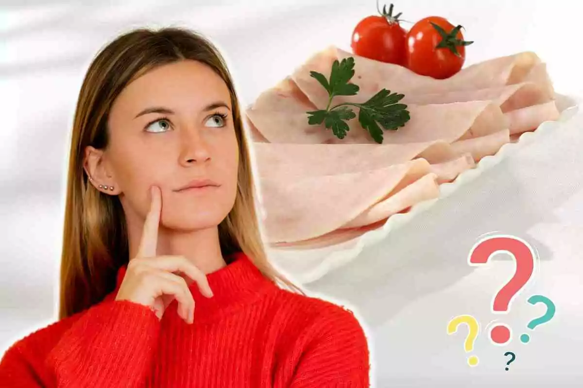 Una mujer pensativa con un suéter rojo mira hacia un plato de jamón adornado con perejil y tomates cherry, acompañado de signos de interrogación de colores.