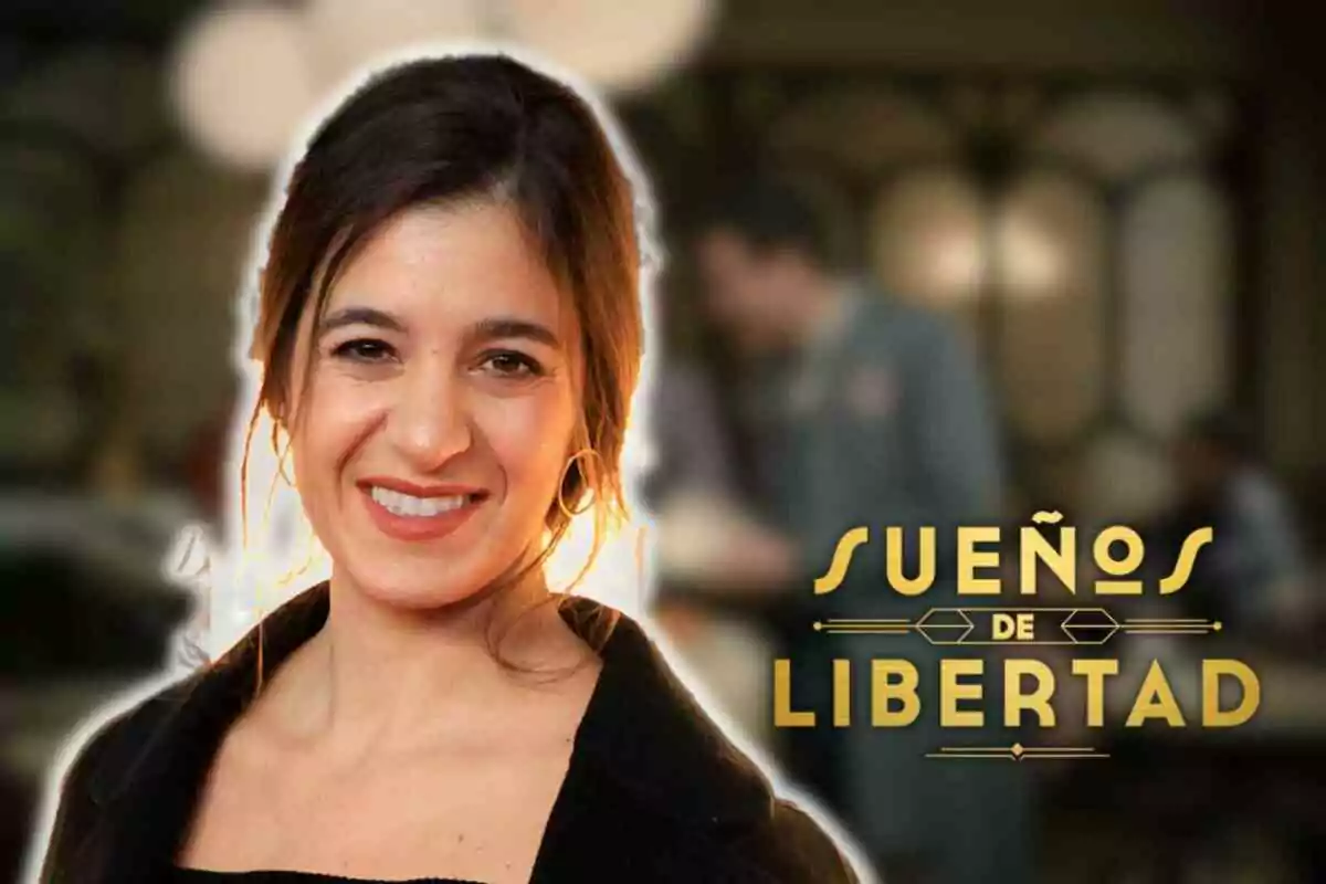 Candela Cruz sonriente con cabello oscuro aparece frente a un fondo desenfocado, junto al texto "Sueños de Libertad".