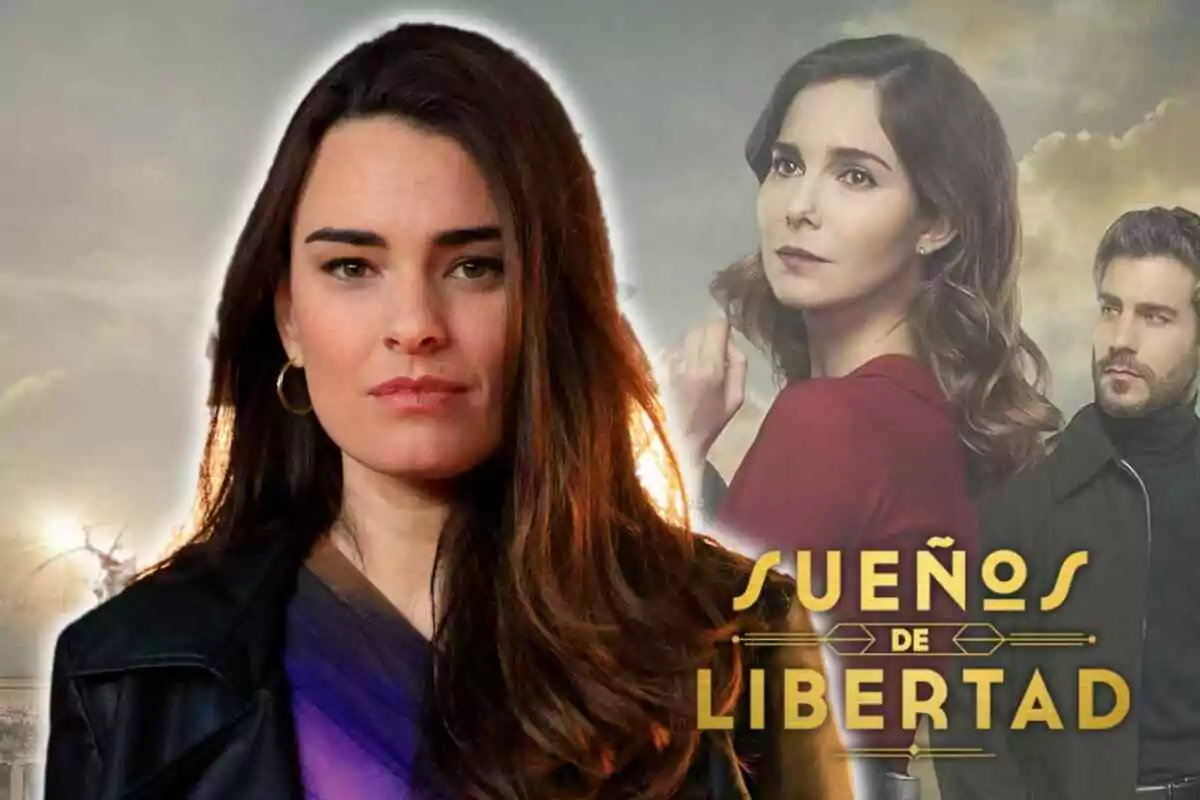 Alba Brunet de cabello oscuro en primer plano con dos personas al fondo y el texto "Sueños de Libertad".