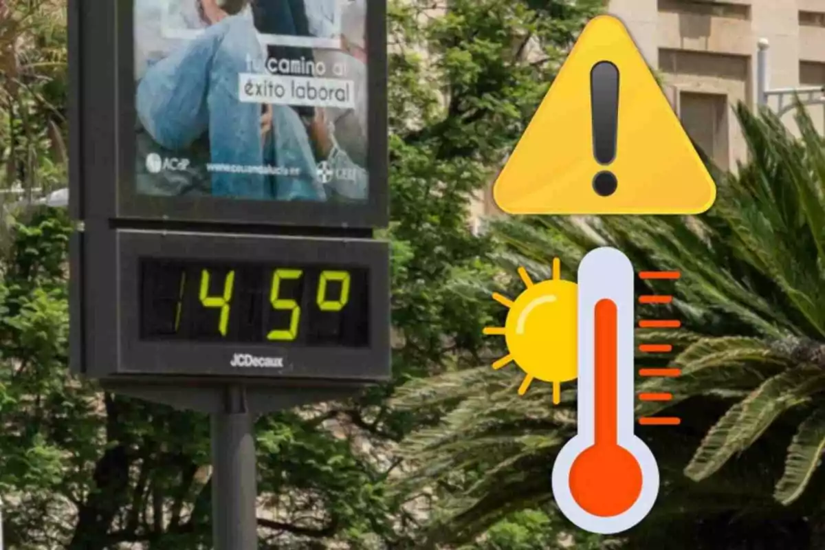 Termómetro digital en la calle marcando 45 grados con iconos de advertencia y calor extremo Termómetro digital en la calle marcando 45 grados con iconos de advertencia y calor extremo