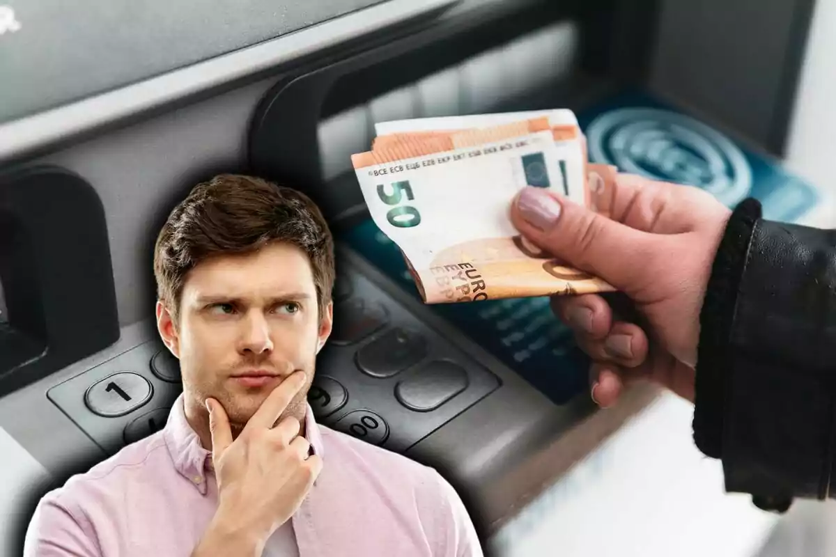 A pensive man stands in front of an ATM while a hand holds euro banknotes. A pensive man stands in front of an ATM while a hand holds euro banknotes.