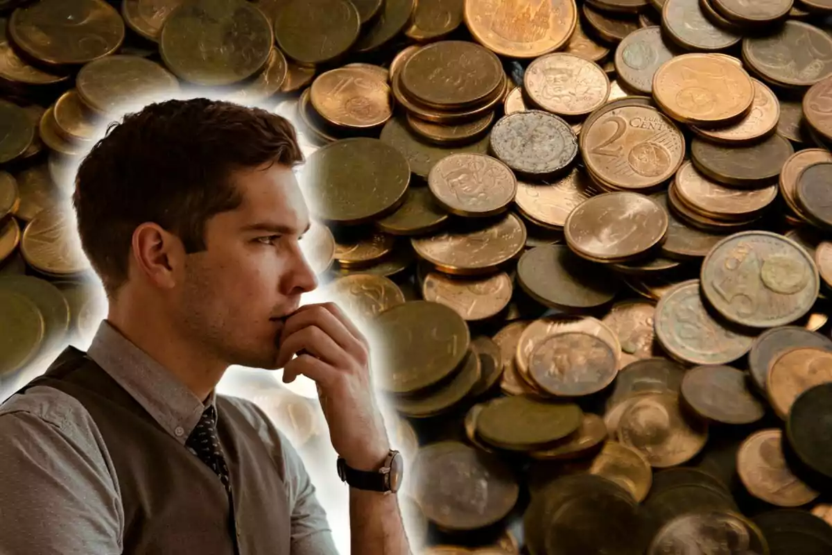 Un hombre pensativo con fondo de monedas de euro de fondo. Un hombre pensativo con fondo de monedas de euro de fondo.