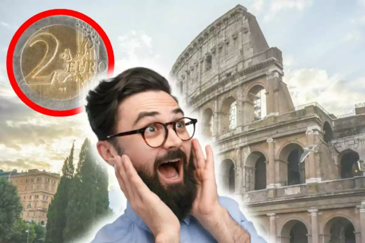 Hombre sorprendido con una moneda de 2 euros y el Coliseo de Roma de fondo.