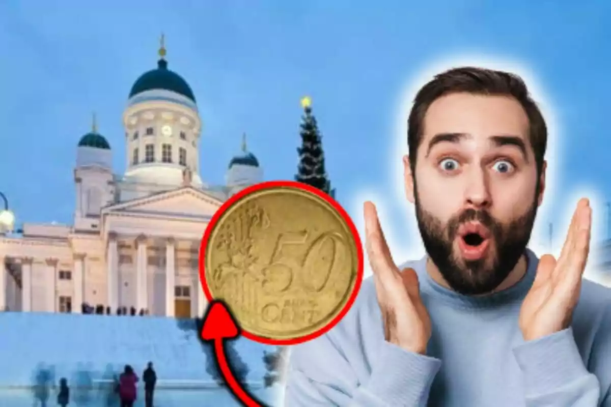 A man surprised with a 50 cent coin and a building with domes in the background in Helsinki.