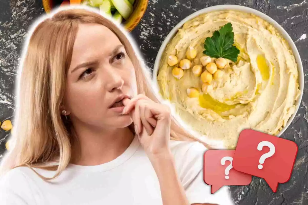 Una mujer pensativa con un plato de hummus decorado con garbanzos y perejil, junto a dos burbujas de diálogo con signos de interrogación.