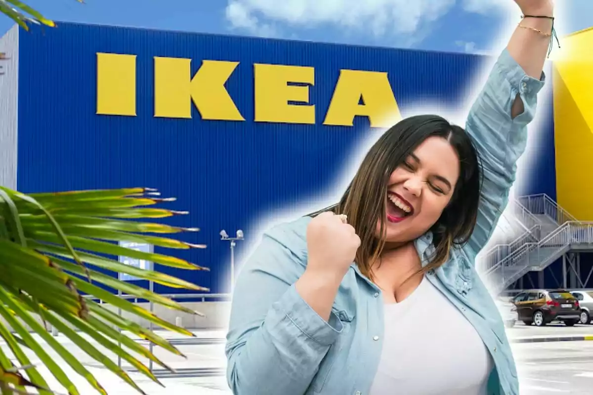 Happy person raising arm in front of an Ikea store.