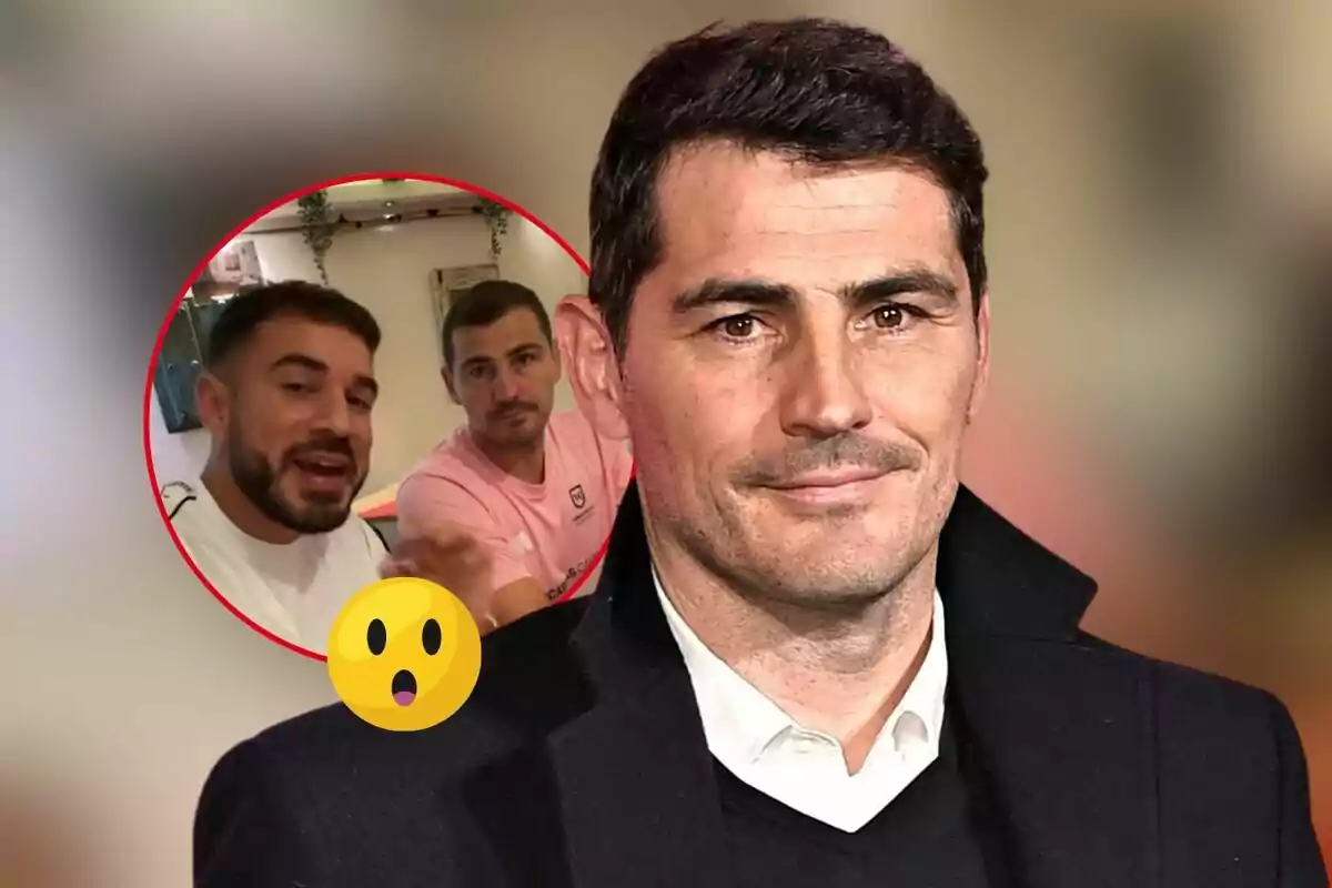 Montaje de fotos de Iker Casillas en primer plano sonriendo junto a una imagen circular con una captura de él en un vídeo del influencer Pablo Cabezali y un emoticono de sorpresa.