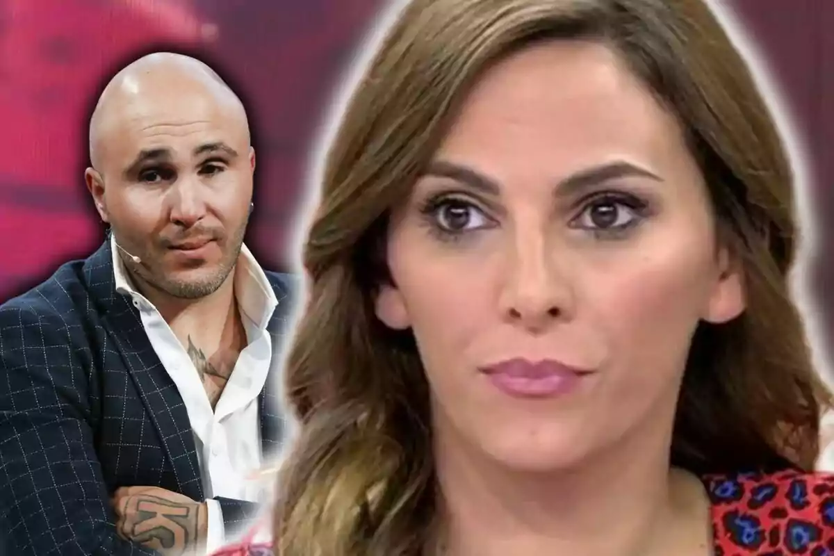 Irene Rosales con expresión seria en primer plano y Kiko Rivera con barba y tatuaje en el fondo, ambos en un entorno de estudio de televisión.