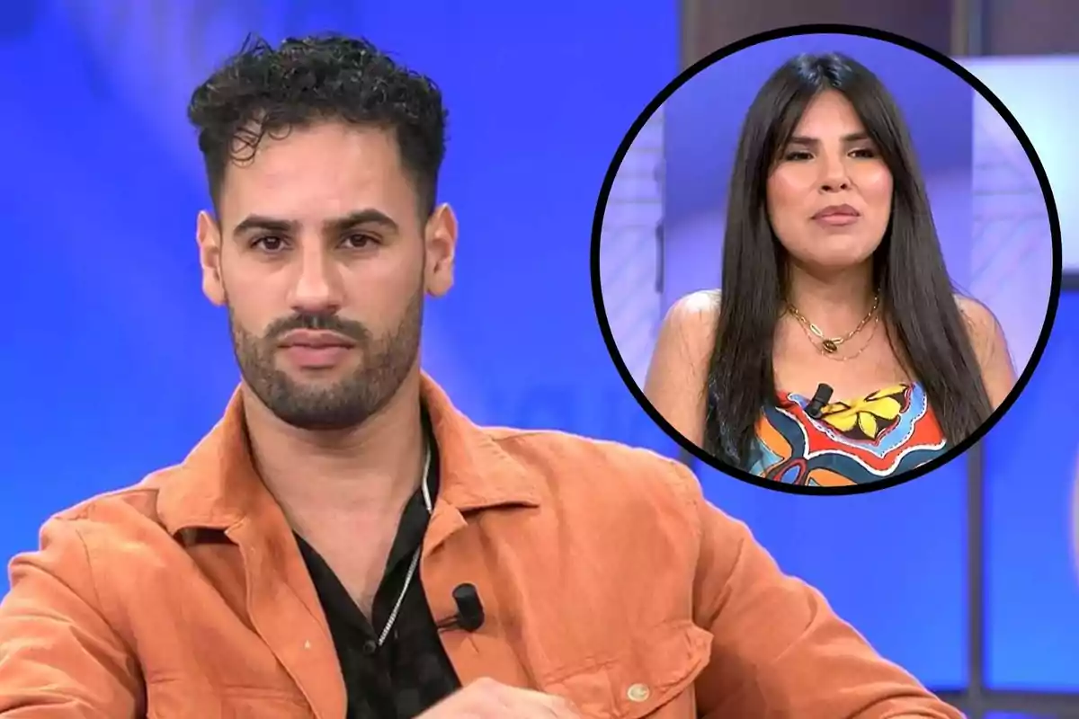 Asraf Beno con chaqueta naranja aparece en un programa de televisión, con una imagen circular de Isa Pantoja en la esquina superior derecha.