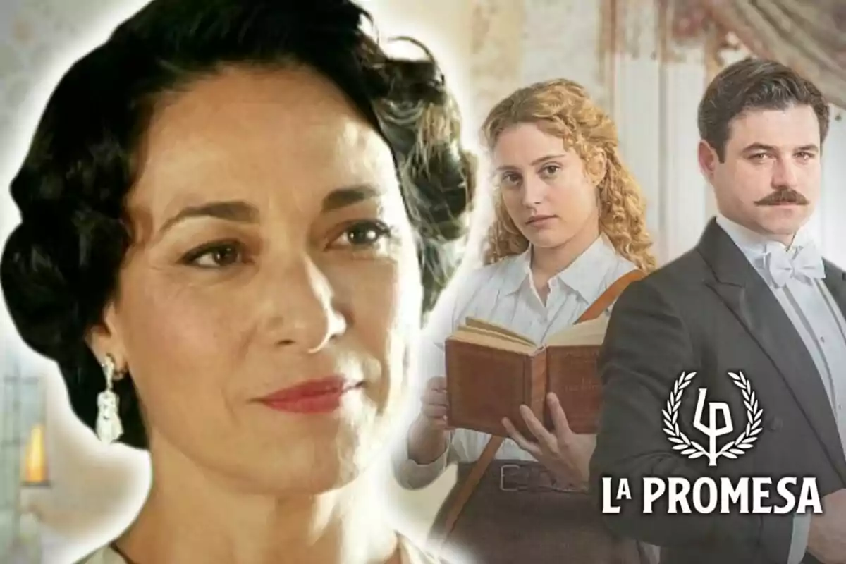 Tres personas en un montaje promocional de la serie "La Promesa" con una mujer en primer plano, que es la actriz Isabel Serrano, y dos personas al fondo, una de ellas sosteniendo un libro.