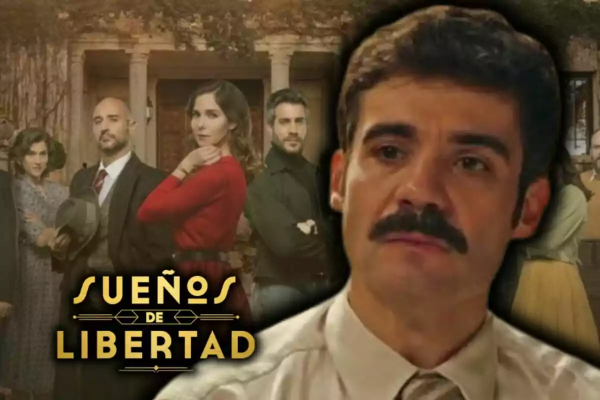 Un grupo de personas vestidas de manera elegante posan frente a un edificio antiguo con el título "Sueños de Libertad" en la parte inferior y en primer plano una imagen del actor Javier Beltrán.