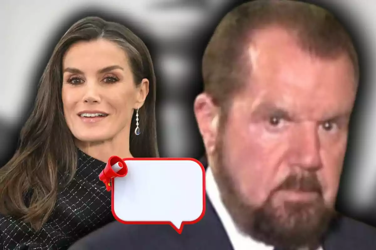 Dos personas aparecen en la imagen, una mujer sonriente -que es la reina Letizia Ortiz- y un hombre con expresión seria -que es su padre, Jesús Ortiz-, con un cuadro de diálogo vacío en el centro.