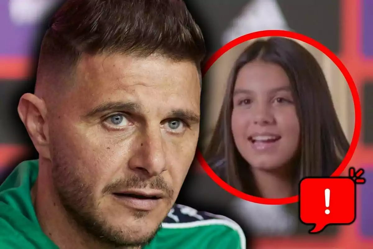 Montaje de fotos de primer plano de Joaquín Sánchez con expresión seria y una imagen circular de una niña sonriente, que es su hija Salma Sánchez, con un ícono de exclamación en un cuadro rojo.