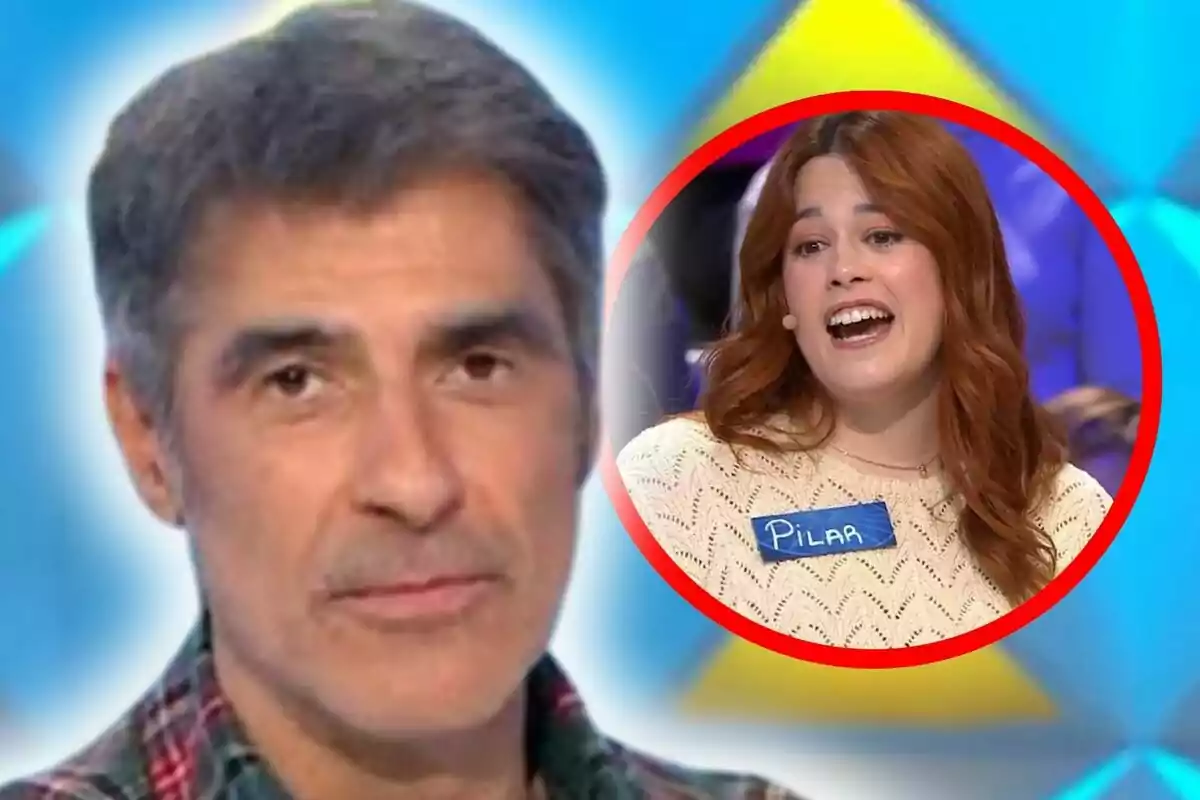 Montaje de fotos de primer plano de Jorge Fernández vestido con camisa a cuadros y una mujer con cabello castaño y etiqueta de nombre en un programa de televisión.