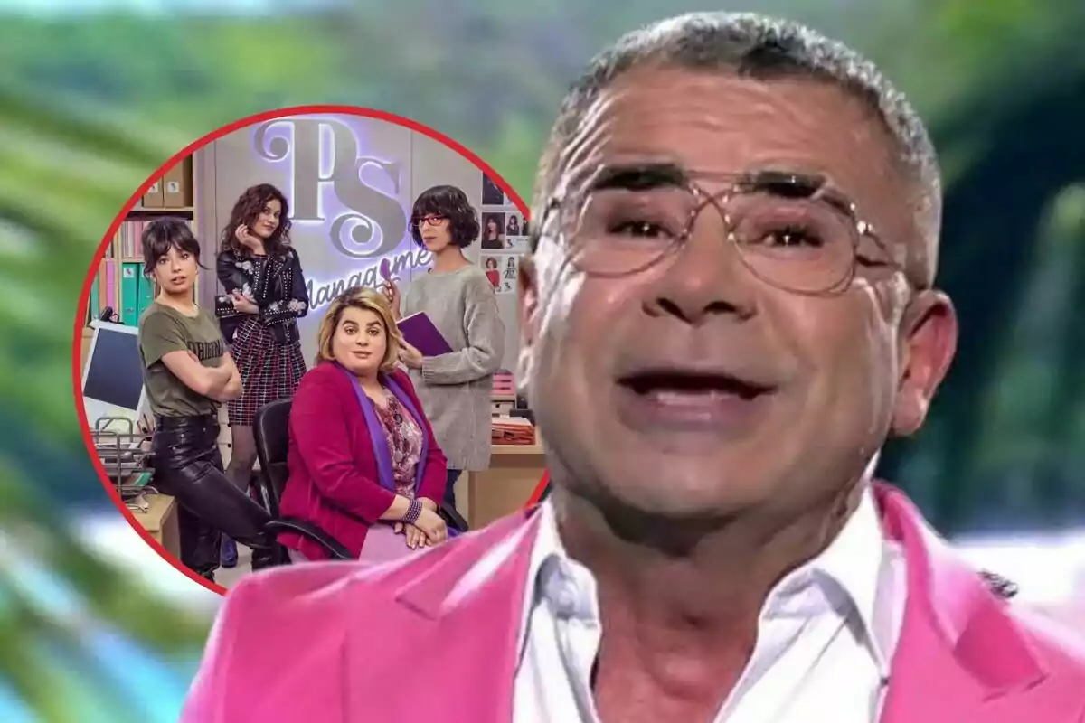 Montaje de fotos de Jorge Javier Vázquez en primer plano hablando a cámara en 'Supervivientes' y una imagen circular del elenco de la serie 'Paquita Salas'