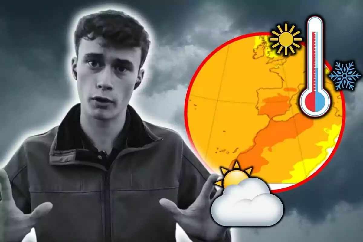 Jorge Rey con expresión seria aparece en un fondo de cielo nublado junto a un gráfico de mapa meteorológico en tonos cálidos con iconos de sol, nubes y un termómetro. Jorge Rey con expresión seria aparece en un fondo de cielo nublado junto a un gráfico de mapa meteorológico en tonos cálidos con iconos de sol, nubes y un termómetro.