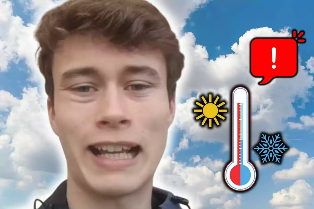 Photo montage of Jorge Rey with a neutral facial expression against a blue sky background with clouds, joined by icons of the sun, a thermometer, and a snowflake, next to a red speech bubble with an exclamation mark.