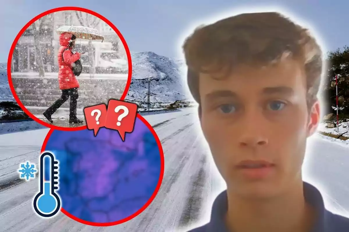 Montaje de fotos con Jorge Rey en primer plano con un fondo nevado y dos círculos rojos que muestran a una persona caminando bajo la nieve y un mapa con un termómetro.