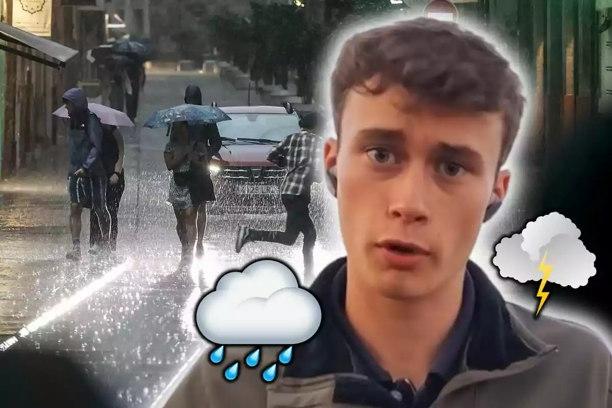 Jorge Rey hablando mientras en el fondo se observa una calle con lluvia intensa y personas usando paraguas. Hay iconos de nubes con lluvia y un rayo al lado del joven.