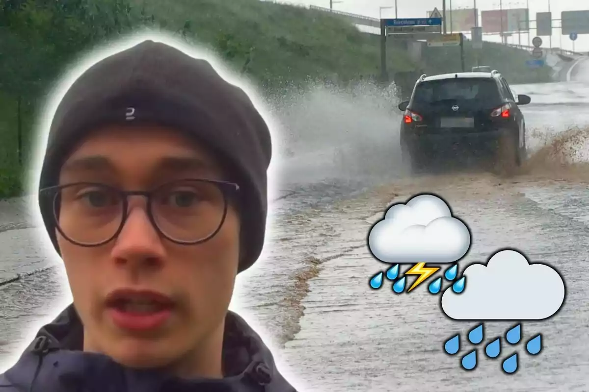 Photo montage of Jorge Rey wearing a hat and glasses appears in the foreground while a car splashes water on a flooded road with rain cloud and storm icons.