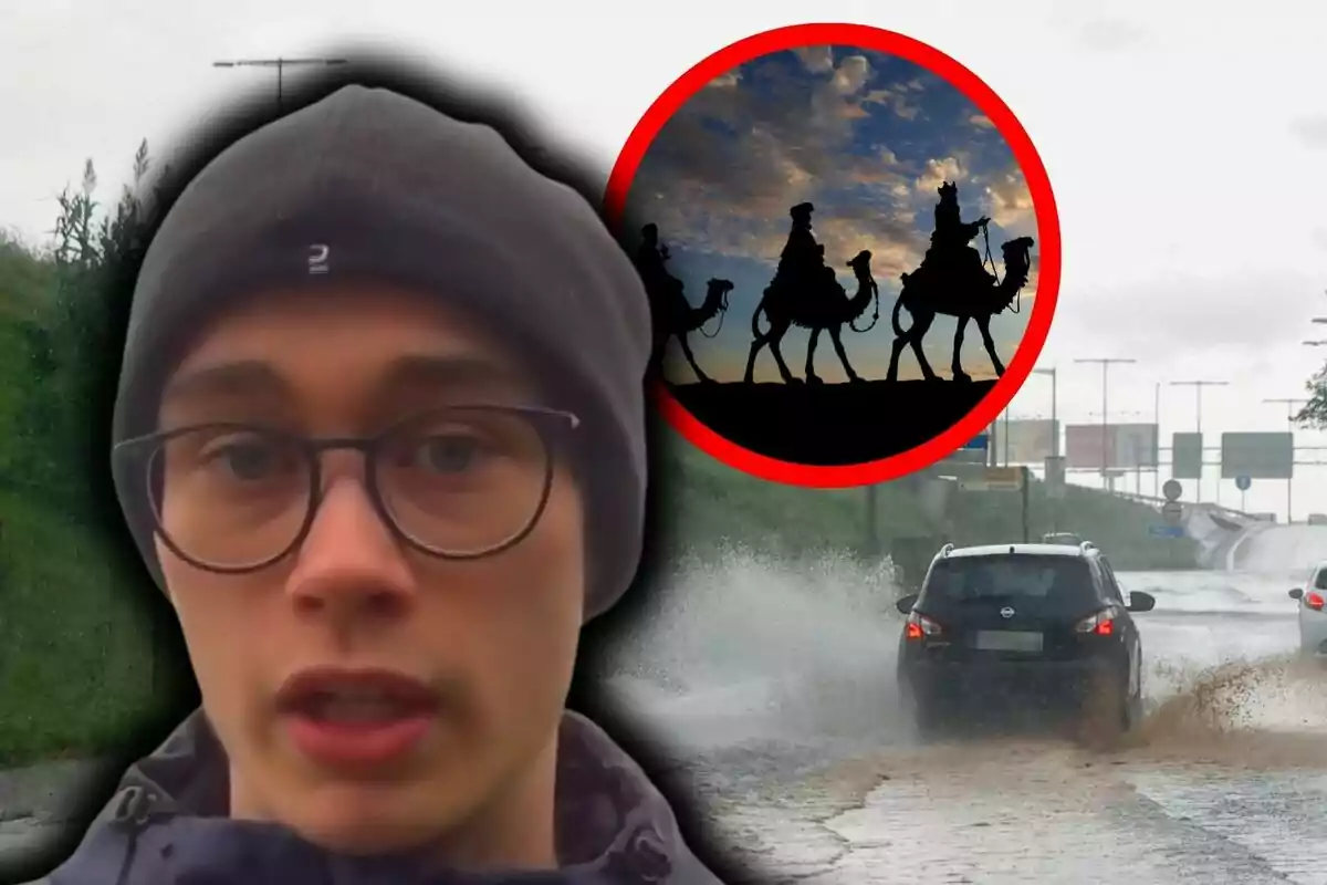 Montaje de fotos de Jorge Rey con gorro y gafas que aparece en primer plano mientras un coche atraviesa un charco en una carretera y en un círculo rojo se ve la silueta de tres camellos con los Reyes Magos al atardecer.