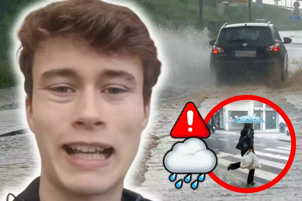 Photo montage of Jorge Rey with a worried expression next to images of a car in a flooded street and a person crossing with an umbrella in the rain, joined by warning and rain icons.