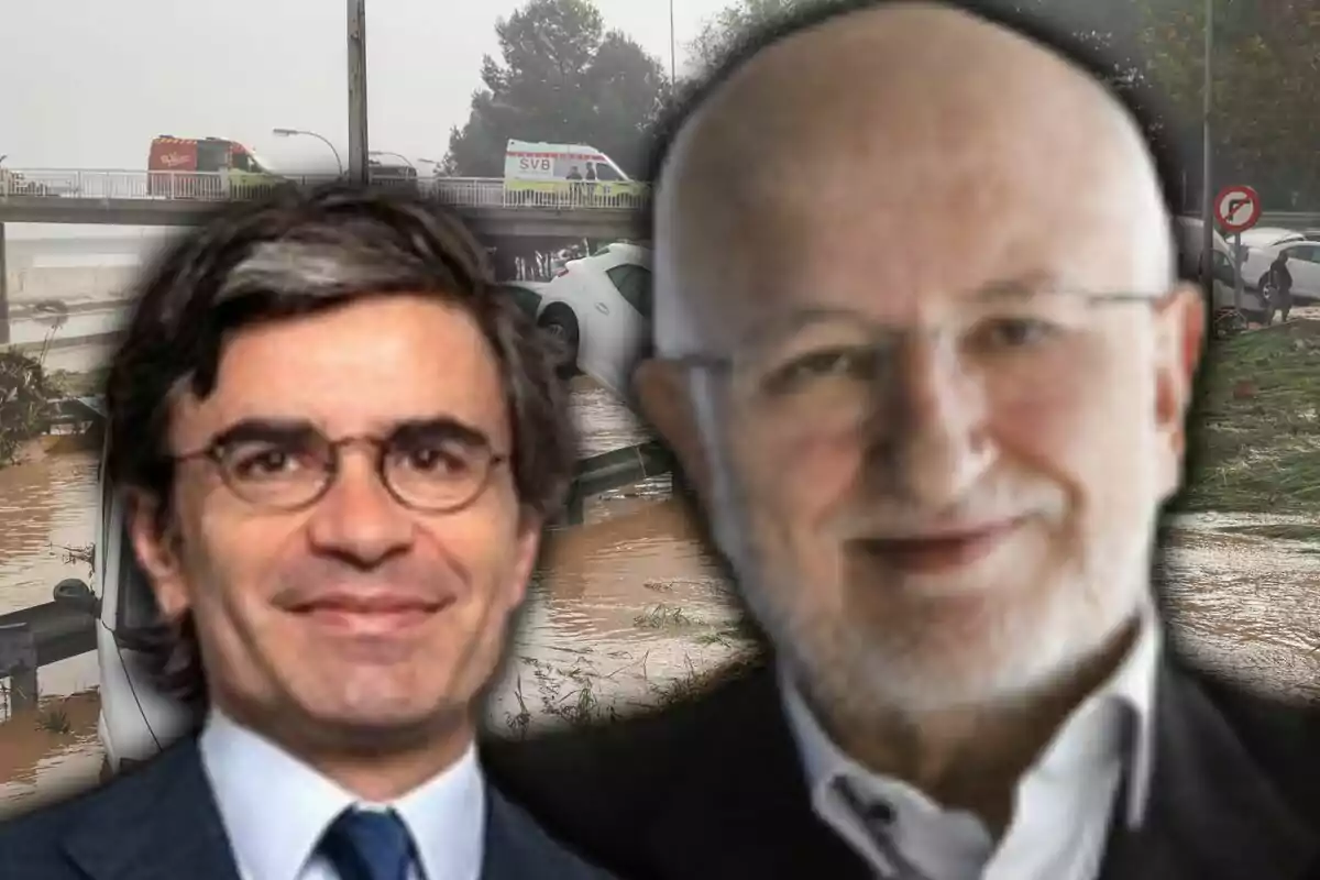 Roberto Centeno y Juan Roig con trajes formales superpuestos sobre una escena de inundación con vehículos y ambulancias en un puente.