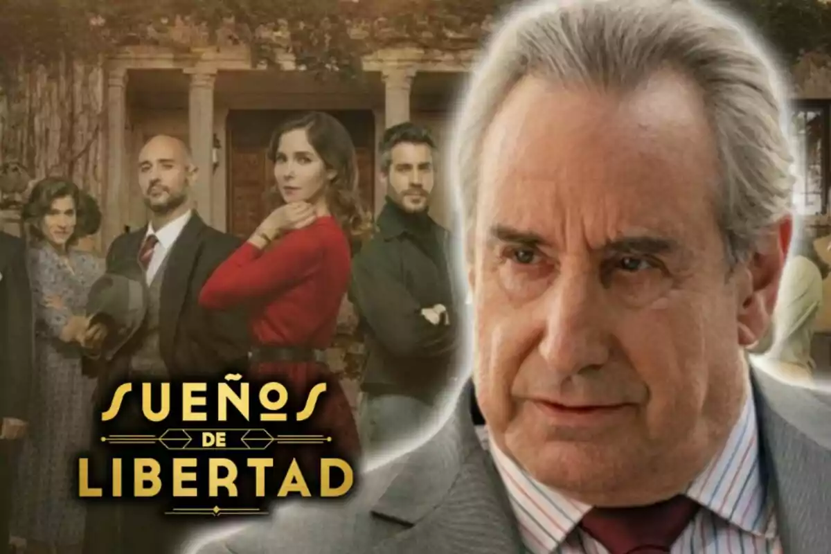 Un grupo de personas posando frente a un edificio con el título "Sueños de Libertad" en la parte inferior y el actor Juanjo Puigcorbé con rostro serio en primer plano.