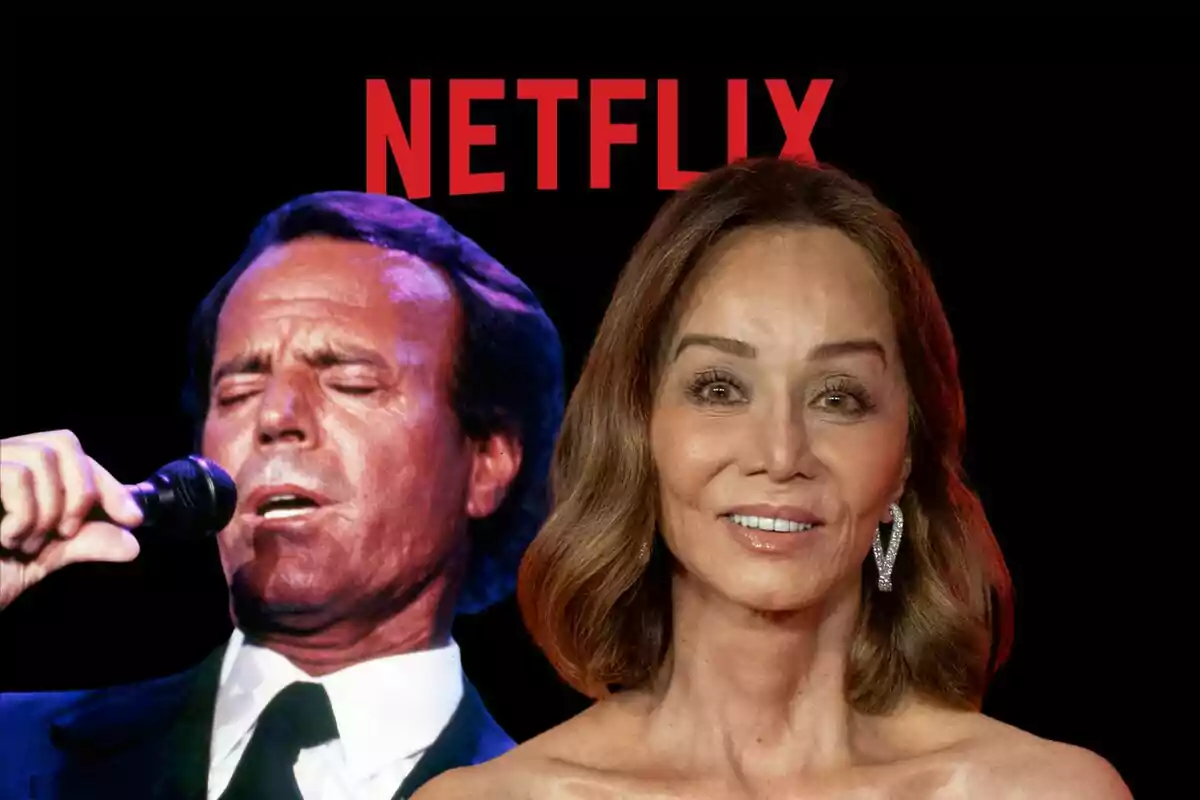 Montaje de fotos del cantante Julio Iglesias cantando con un micrófono junto a Isabel Preysler y el logo de Netflix.